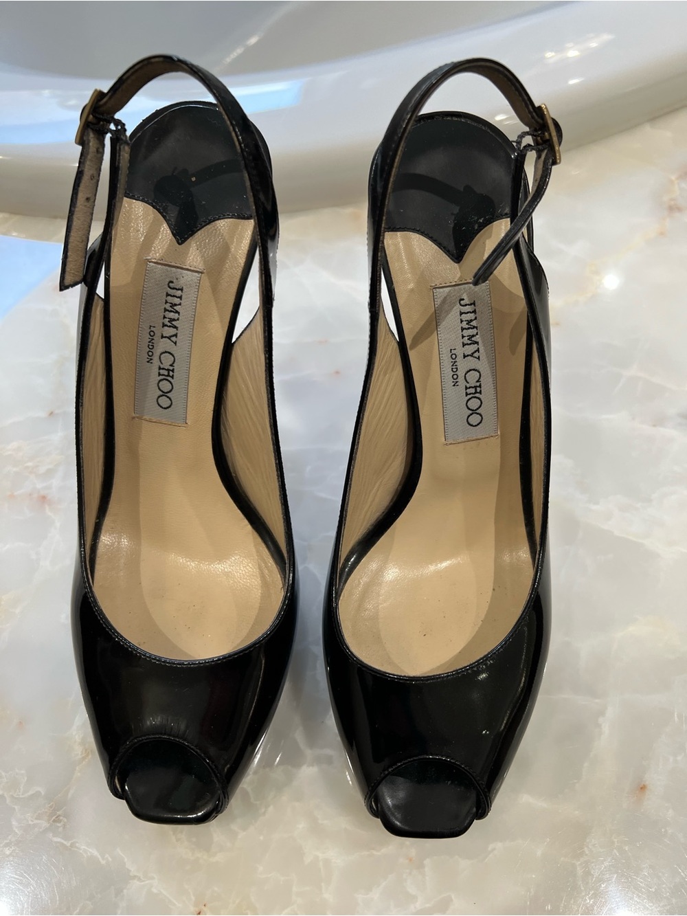 Jimmy Choo Black Patent Slingback Peep-Toe Heels, 38 1/2 (38.5)